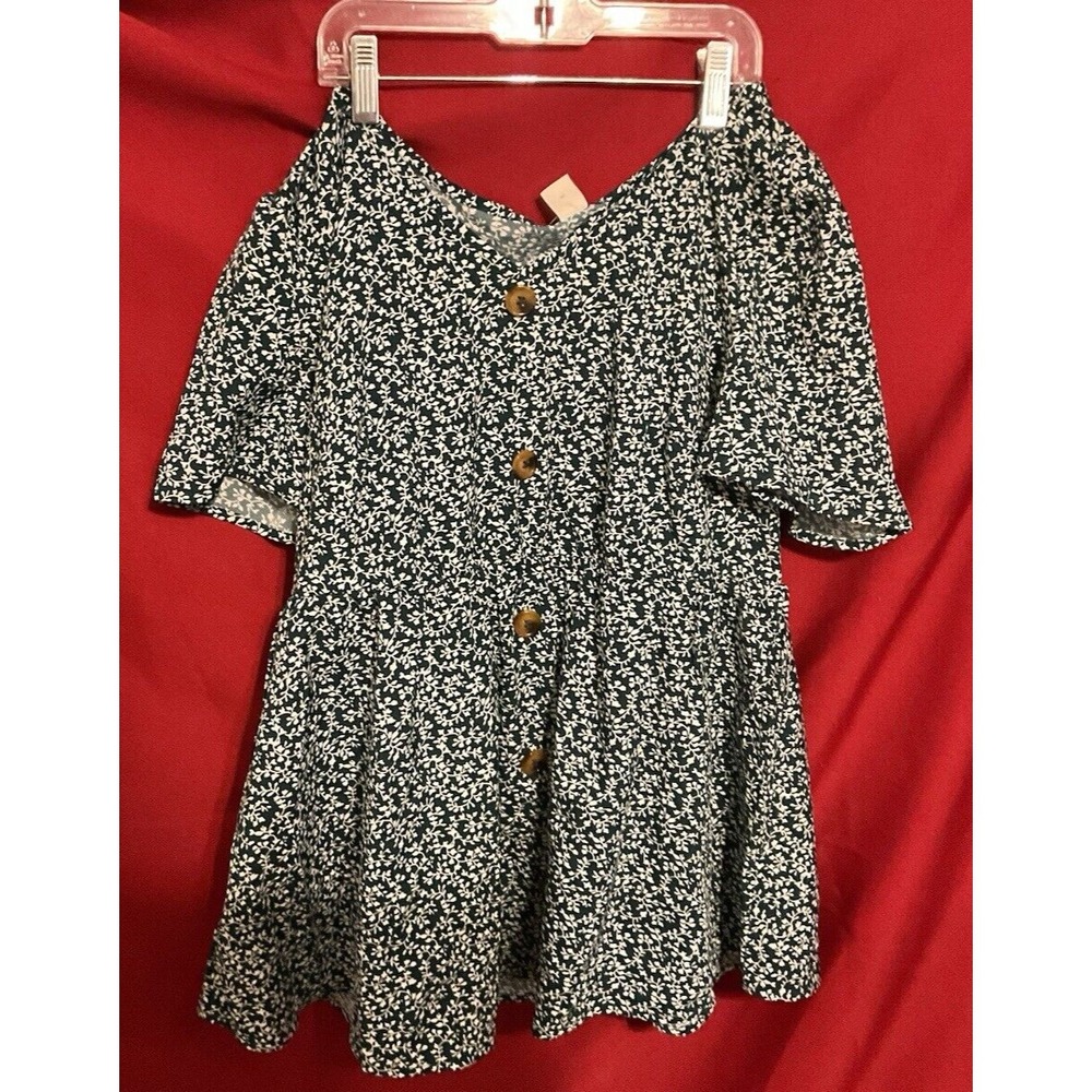 FLOERNS Blouse M Leaf Print Shirt Button Front Sht Slv Cotton Green COTTAGE CORE